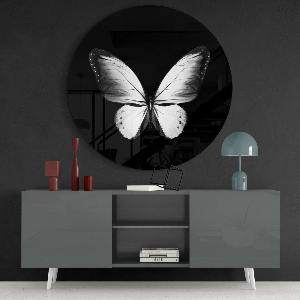 White Butterfly on Black Glass Wall Art