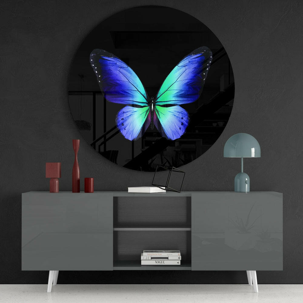 Blue Green Butterfly on Black Glass Wall Art