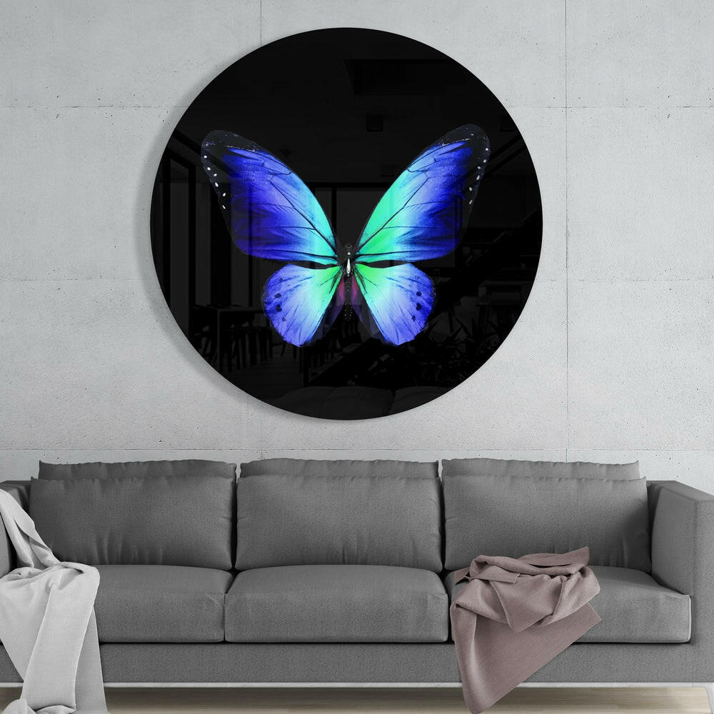Blue Green Butterfly on Black Glass Wall Art