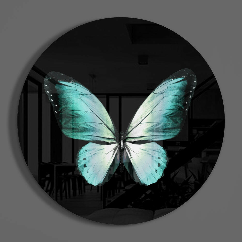 Turquoise Butterfly on Black Glass Wall Art