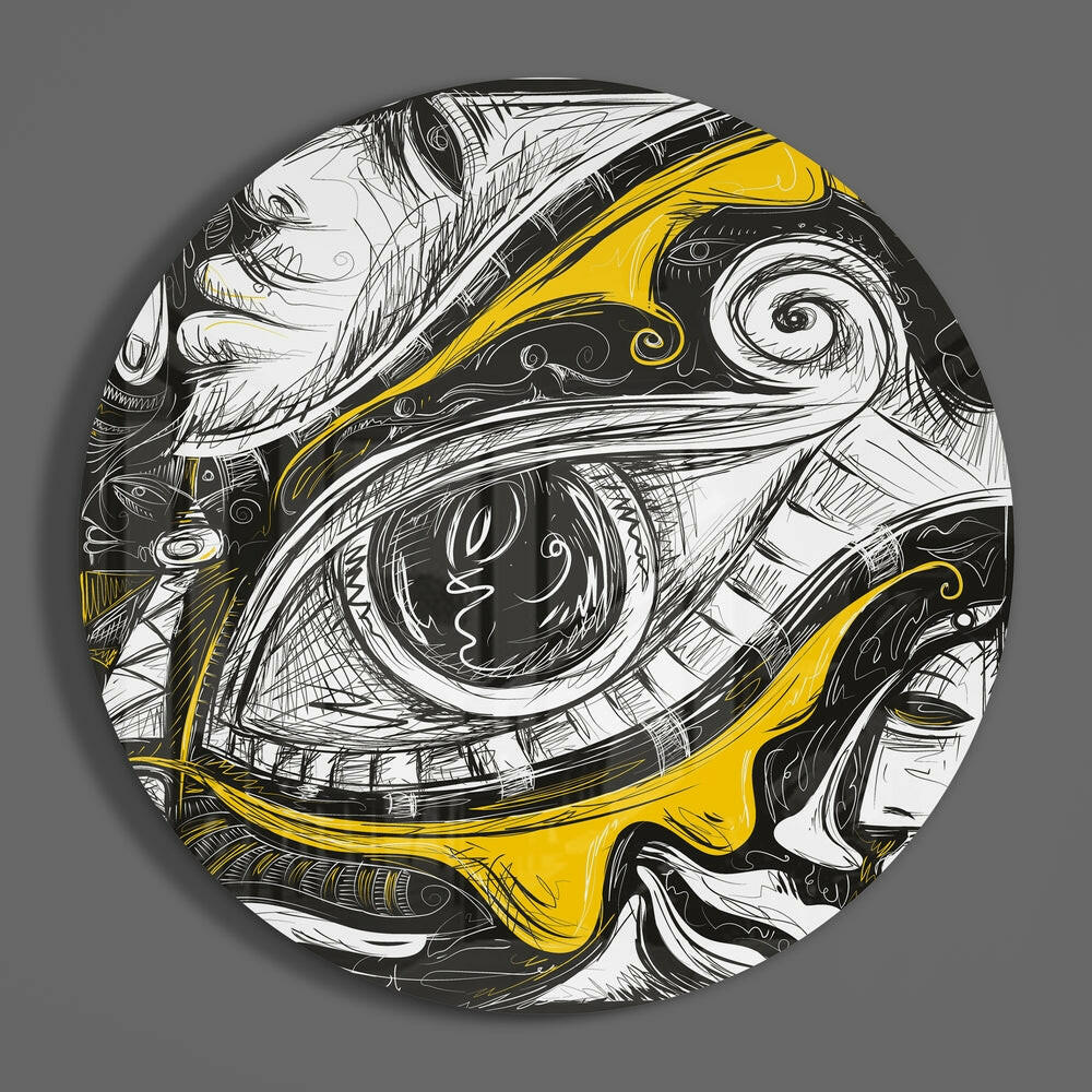 Round Yellow And Black Sketch Eye Glass Wall Art