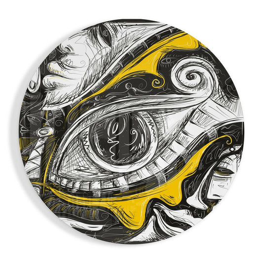Circular wall art featuring a detailed ink sketch of an eye with yellow and black accents, displayed against a white background.