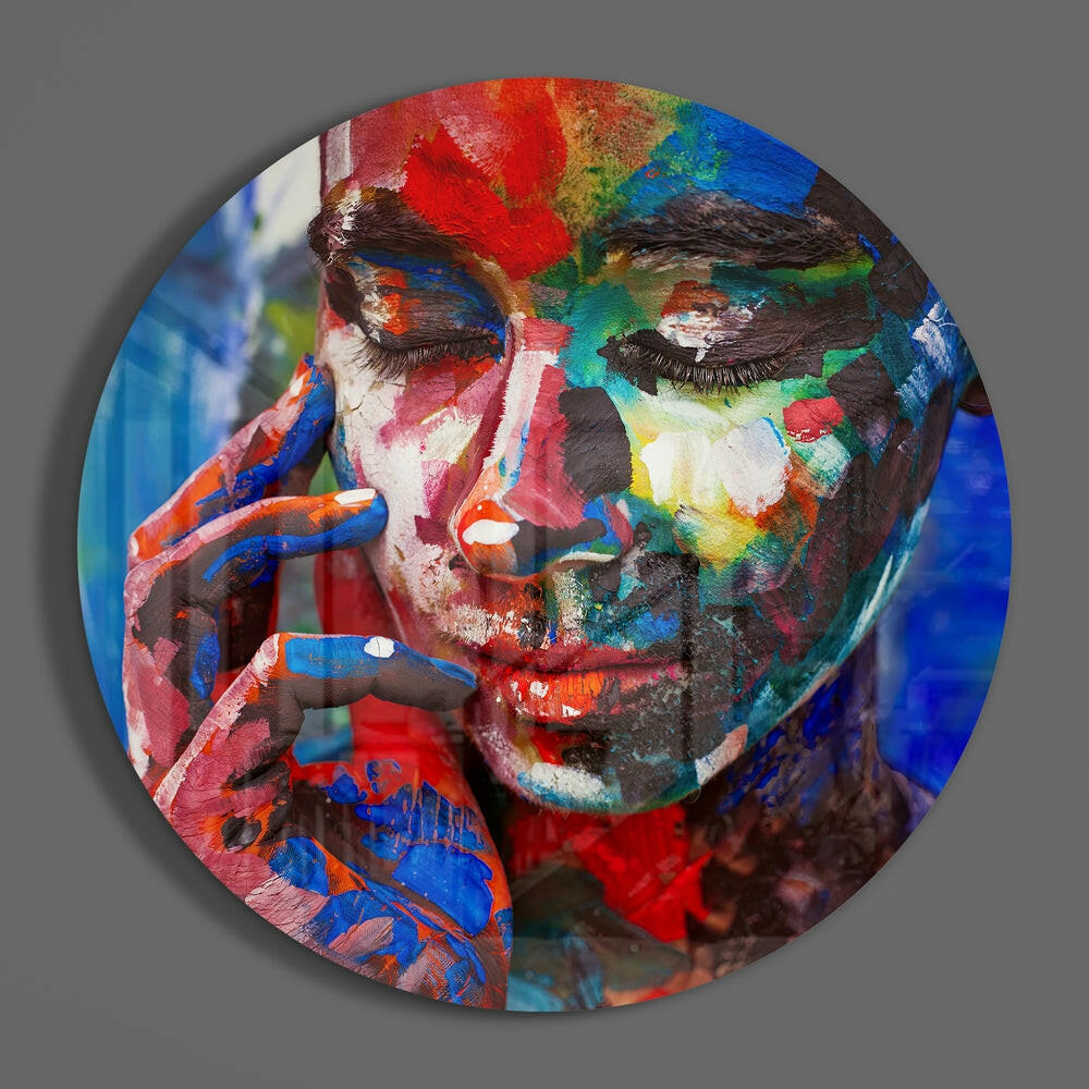 Round Painted Face Red Blue Strokes Glass Wall Art