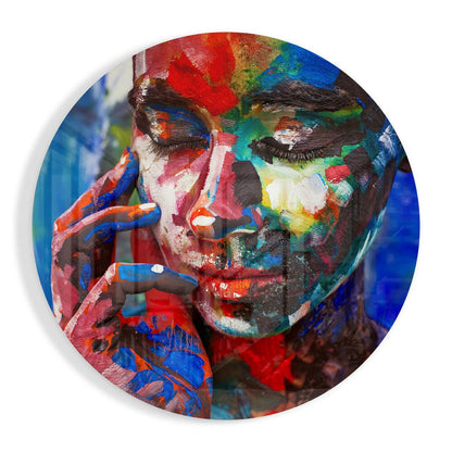 Round Painted Face Red Blue Strokes Glass Wall Art