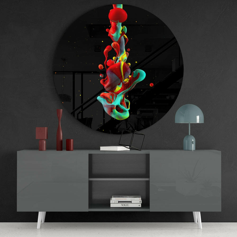 Red Teal Liquid Ink Drop Glass Wall Art