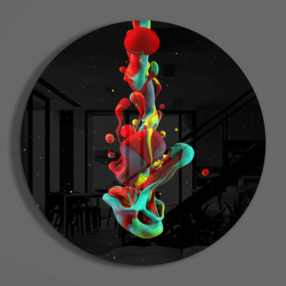 Red Teal Liquid Ink Drop Glass Wall Art