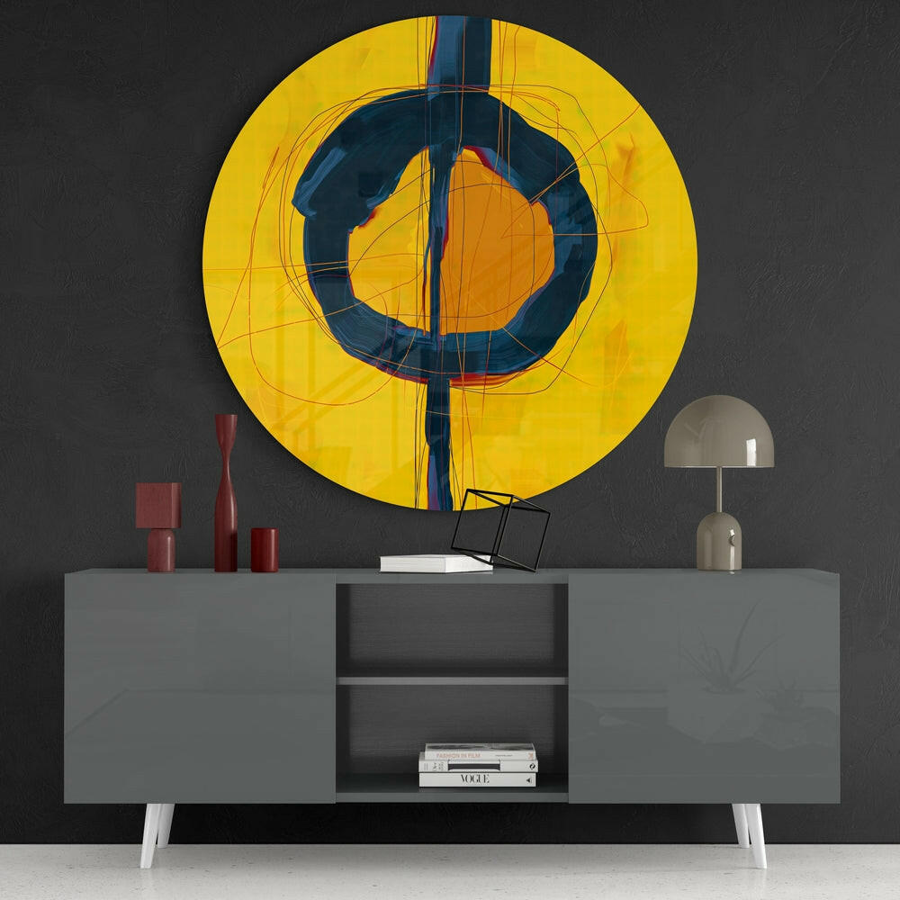 Yellow Navy Circle Orb Glass Wall Art