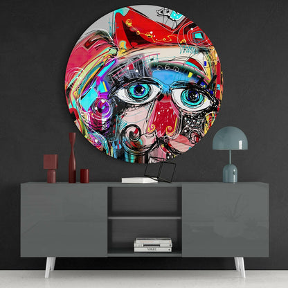 Round Graffiti Face Big Blue Eyes Glass Wall Art