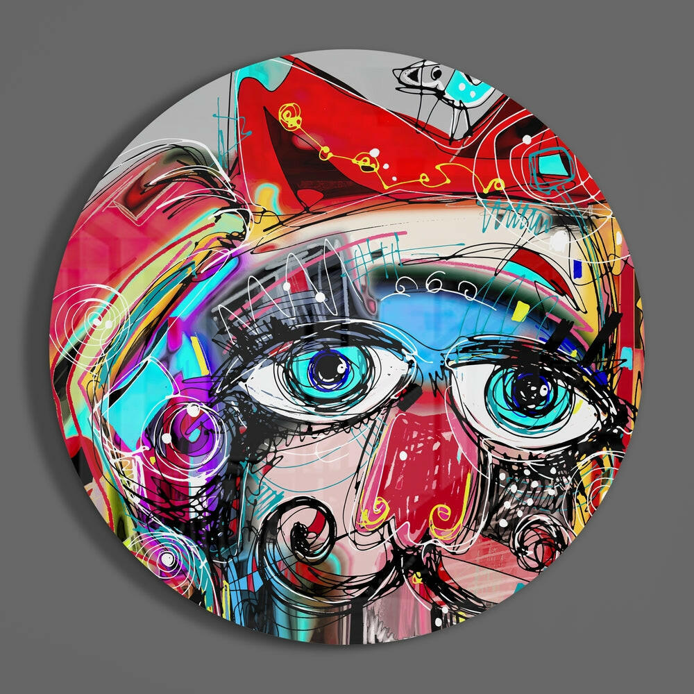Round Graffiti Face Big Blue Eyes Glass Wall Art