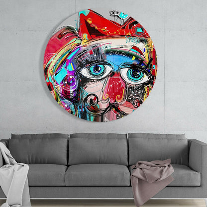 Round Graffiti Face Big Blue Eyes Glass Wall Art