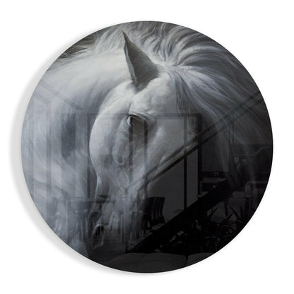Bowed White Horse Circle Glass Wall Art
