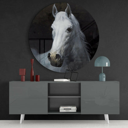 White Horse Portrait Circle Glass Wall Art