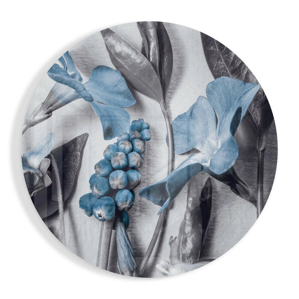 Round Steel Blue Flower Study Glass Wall Art