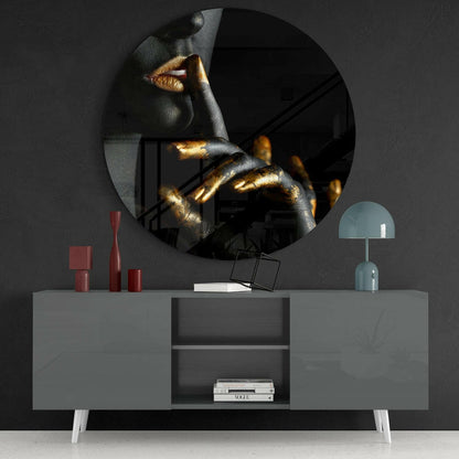 Round Gold Lips and Fingers Hush Glass Wall Art