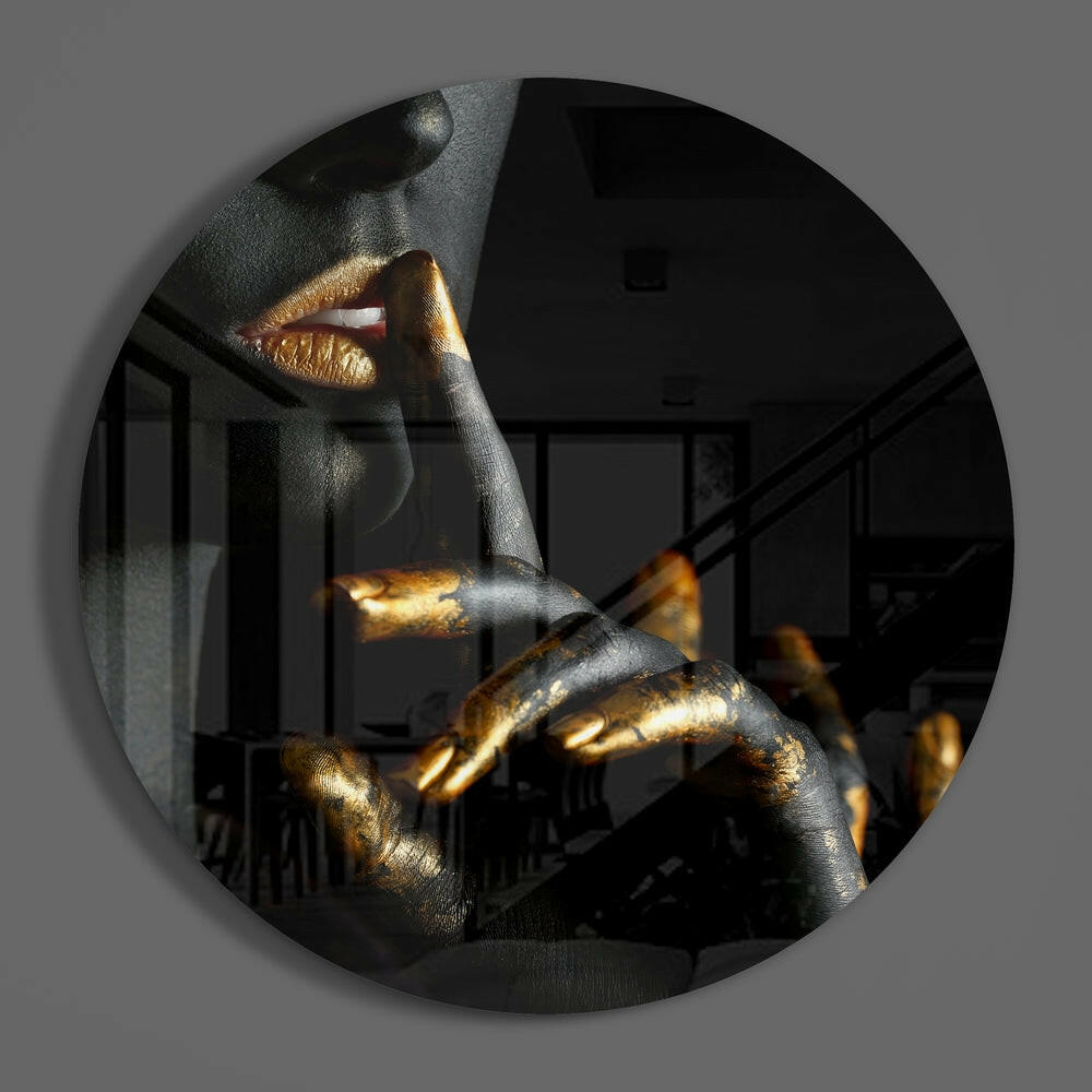 Round Gold Lips and Fingers Hush Glass Wall Art