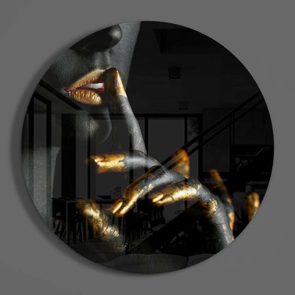 Round Gold Lips and Fingers Hush Glass Wall Art