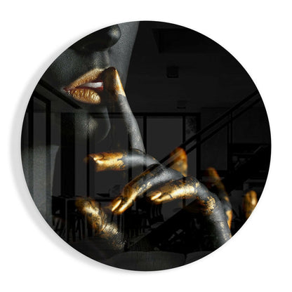 Round Gold Lips and Fingers Hush Glass Wall Art
