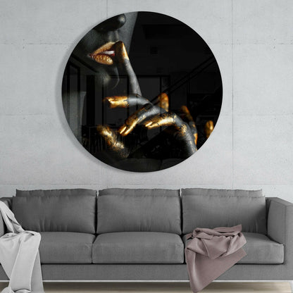 Round Gold Lips and Fingers Hush Glass Wall Art