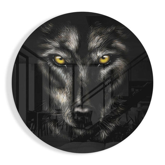 Close-up frontal view of a wolf's face with piercing yellow eyes on a circular black glass panel with dark interior background.