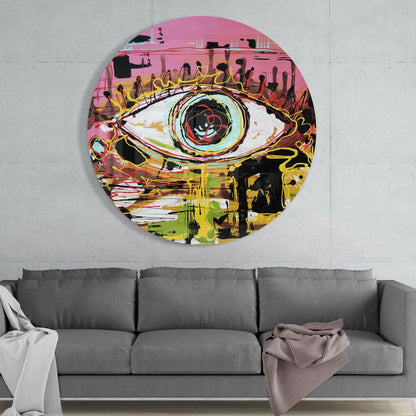 Round Pink Graffiti Scribble Eye Glass Wall Art