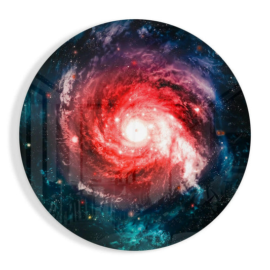 Circular glass wall art featuring a red and white spiral galaxy with purple and teal nebula clouds against a dark starry background.