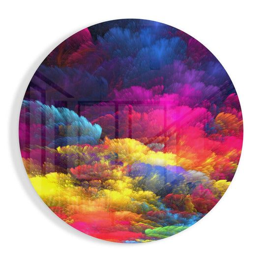 Circular glass wall art displaying vibrant swirling clouds of blue, pink, yellow, orange, and purple colors in a feathered texture pattern.