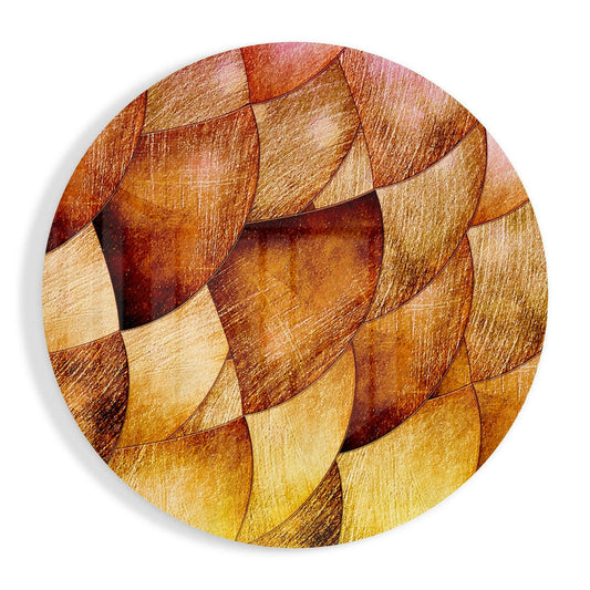 Circular glass wall art featuring overlapping petal-shaped segments in gold, amber, and deep bronze tones with textured surfaces.