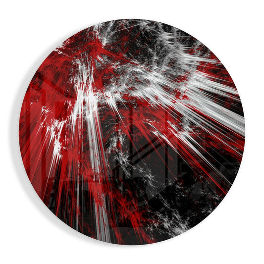 Circular glass wall art featuring dynamic red, white, and black radial streaks emanating from center, creating explosive motion effect.