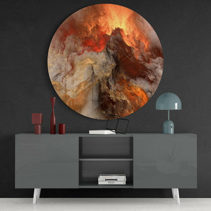 Circular lava glass wall art in warm orange and cream tones displayed above gray sideboard with red candles and blue lamp.