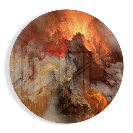 Circular glass wall art featuring abstract volcanic landscape with orange flames, white ash, and deep red streaks against cream background.