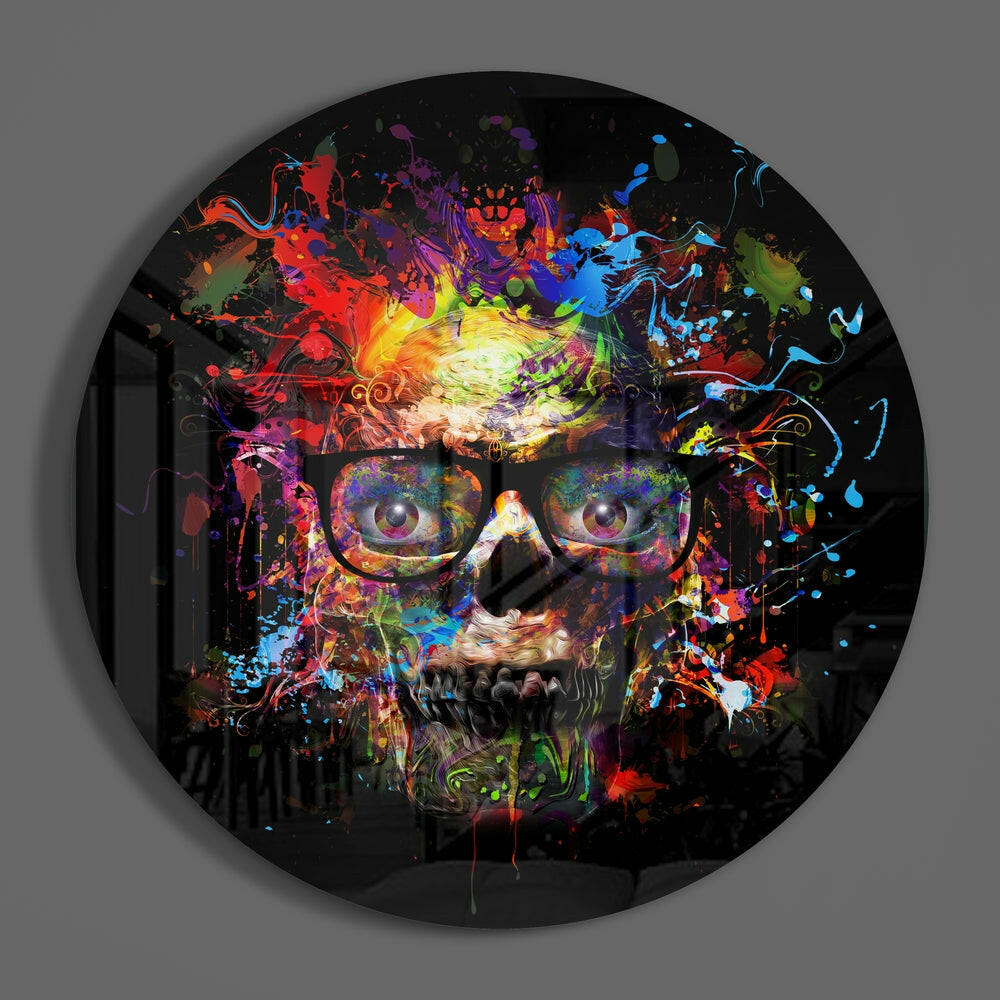 Rainbow Splatter Glasses Skull Glass Wall Art