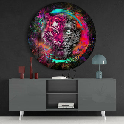 Round Magenta Tiger Clockwork Gears Glass Wall Art