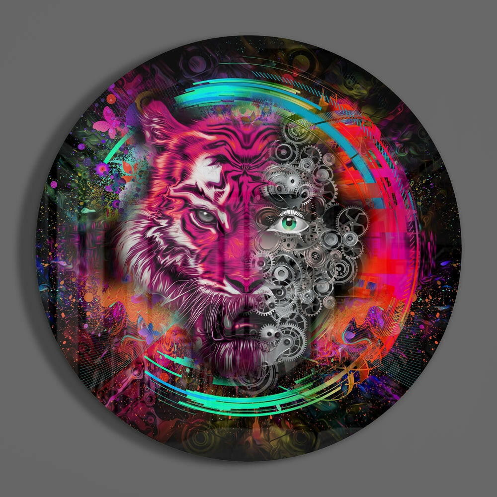 Round Magenta Tiger Clockwork Gears Glass Wall Art