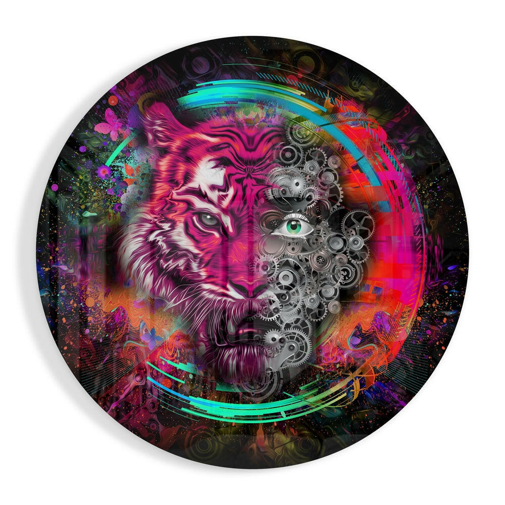 Round Magenta Tiger Clockwork Gears Glass Wall Art