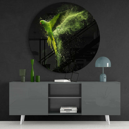Round Flying Parakeet Green Dust Glass Wall Art
