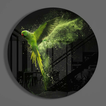 Round Flying Parakeet Green Dust Glass Wall Art