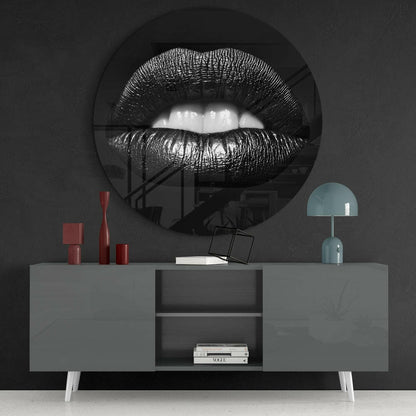 Black and White Glossy Lips Close Up Glass Wall Art
