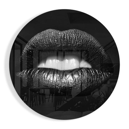 Black and White Glossy Lips Close Up Glass Wall Art