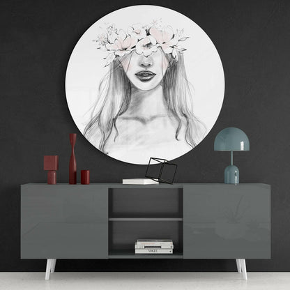 Floral Crown Woman Sketch Glass Wall Art