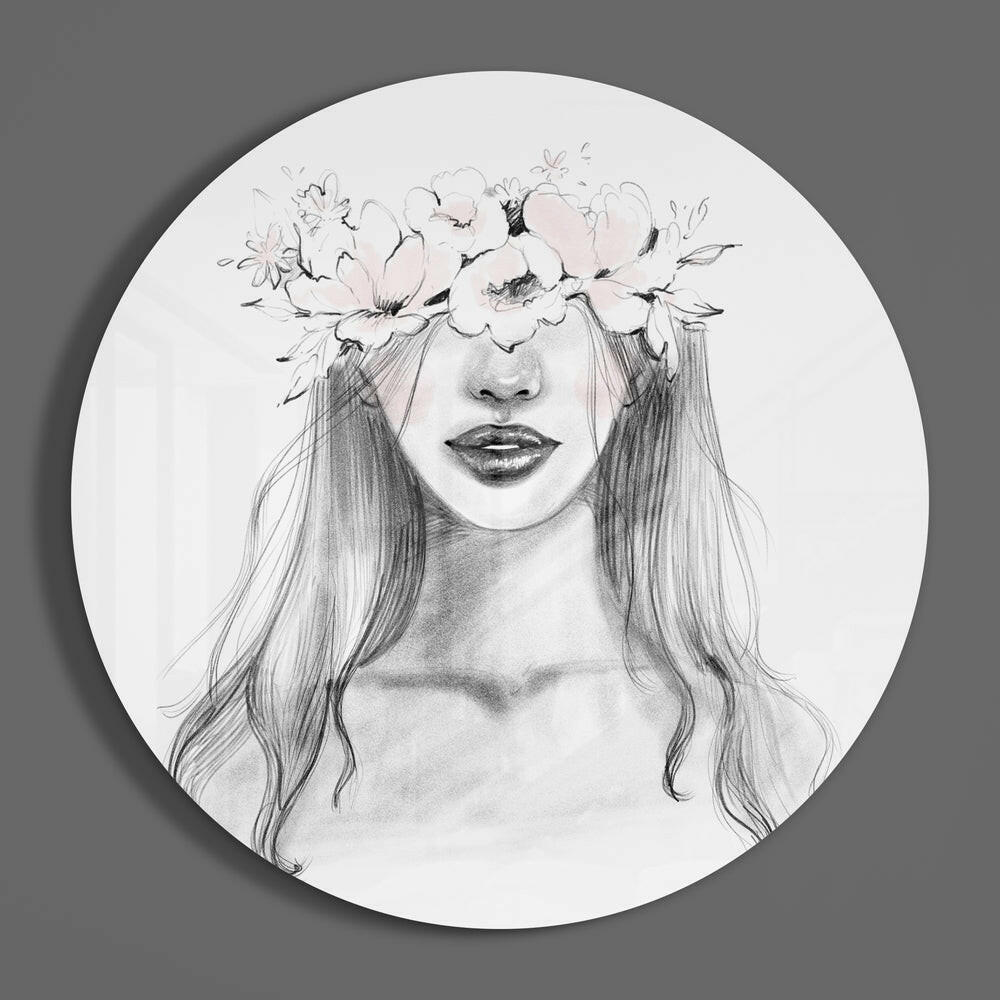 Floral Crown Woman Sketch Glass Wall Art