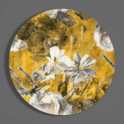 Mustard Gold and Gray Poppy Field Glass Wall Art