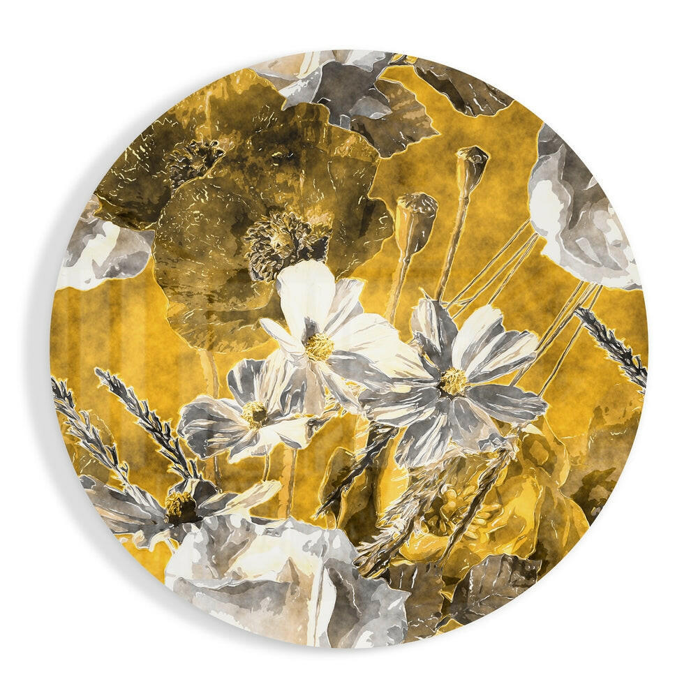 Mustard Gold and Gray Poppy Field Glass Wall Art