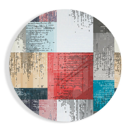 Circular glass wall art with halftone dot pattern in red, teal, tan, gray, and white color blocks viewed from front.