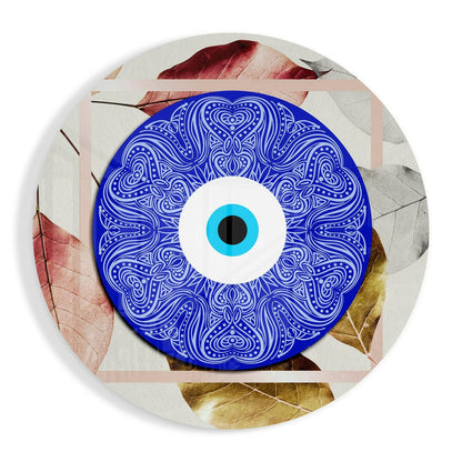Ornate Blue Eye Disc on Autumn Leaves Glass Wall Art