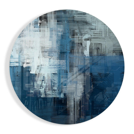 Circular glass wall art with layered blue, gray, and white crosshatch pattern creating dimensional abstract composition.