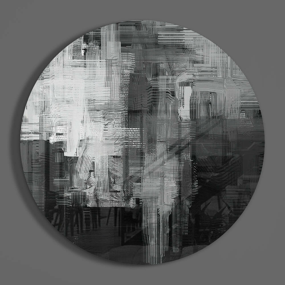 Circular glass wall art featuring abstract linear patterns in white and dark gray tones on neutral background, displayed front-facing.