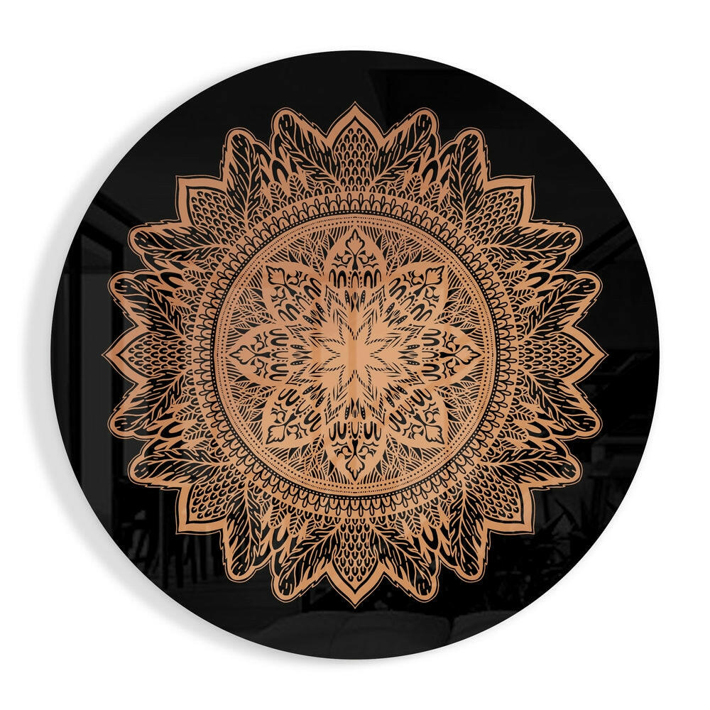 Circular black glass wall art featuring an intricate copper-colored mandala flower pattern with concentric layered petals radiating from center.