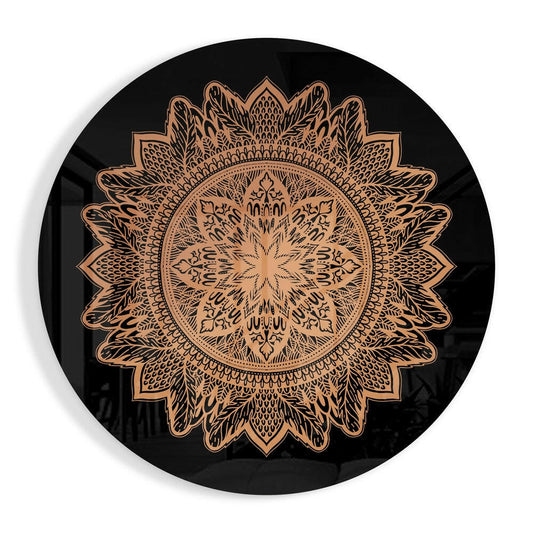 Circular black glass wall art featuring an intricate copper-colored mandala flower pattern with concentric layered petals radiating from center.