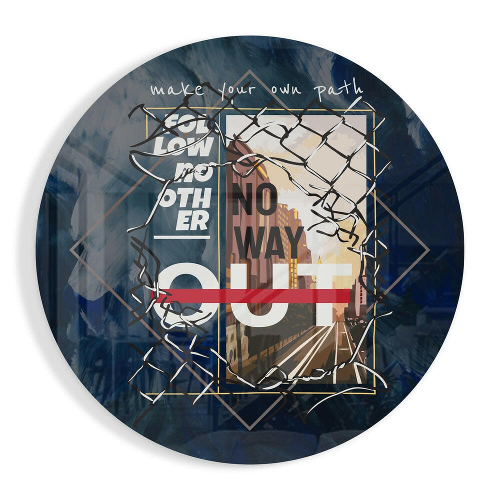 Circular glass wall art with dark blue background, geometric gold frames, urban cityscape imagery, branch illustrations, red horizontal stripe, and white text reading "make your own path" and "no way out.