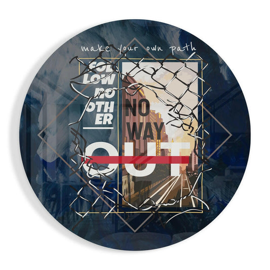 Circular glass wall art with dark blue background, geometric gold frames, urban cityscape imagery, branch illustrations, red horizontal stripe, and white text reading "make your own path" and "no way out.